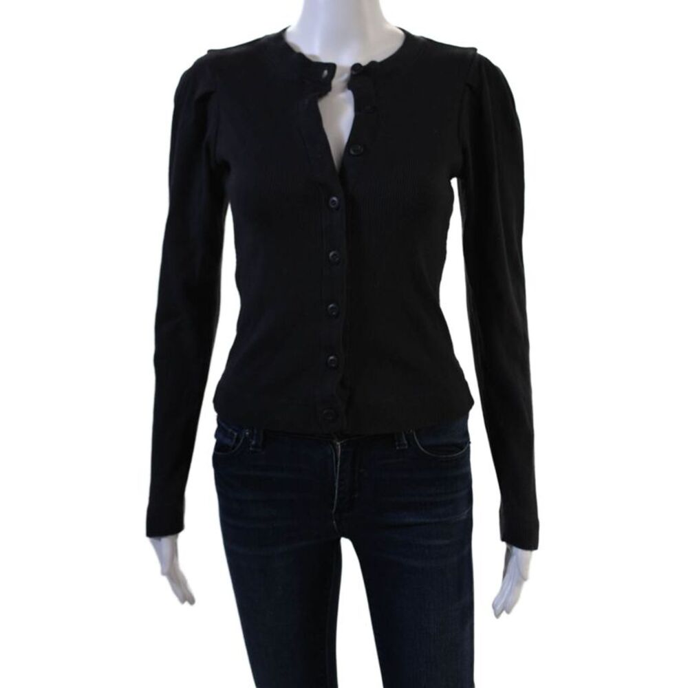 Amo Women Basic Black Cotton Crew Neck Button Up Sweater Long Sleeve Size S
